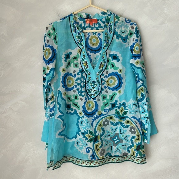 Hale Bob Cabana Artsy Silk Blend Beaded V-Neck Beach Cover Tunic sz small blue - Picture 1 of 9